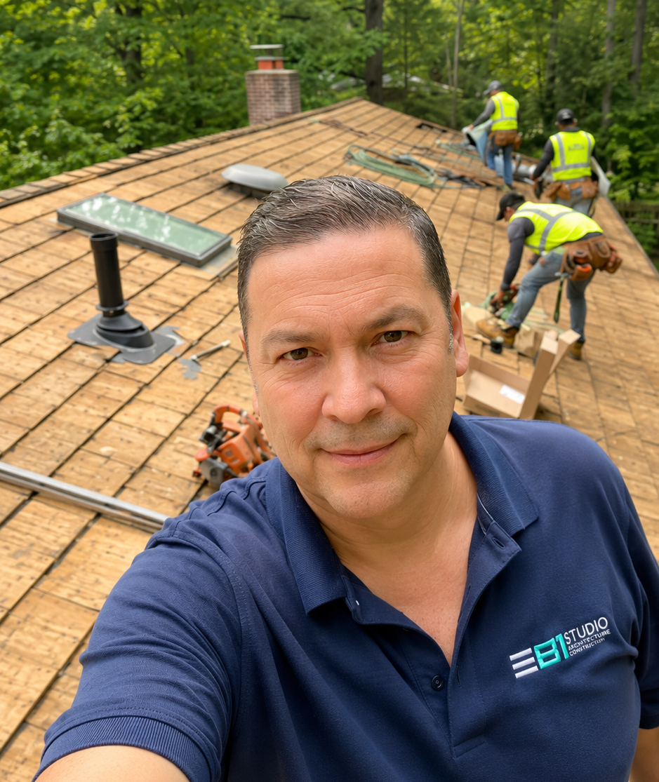 Rafael Huguet and the Rebel Roofer crew on a roof